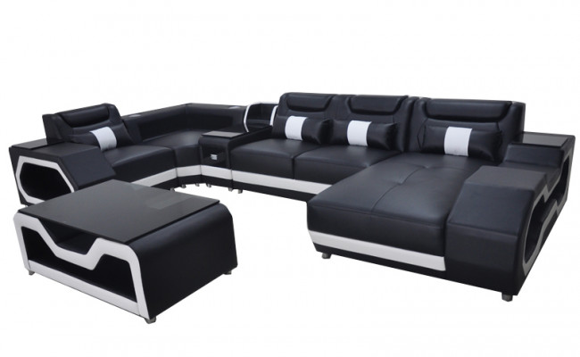 Lederen bankstel bekleding hoekstel Moderne woonkamer tafel + USB + LED