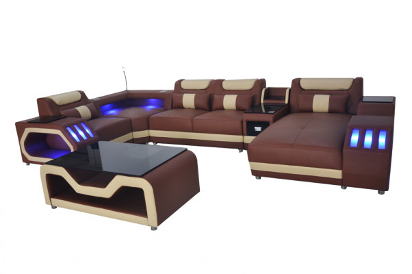 Lederen bankstel bekleding hoekstel Moderne woonkamer tafel + USB + LED