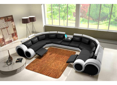 Leren bankstel met USB-bekleding Bank Bank Hoekbank Woonlandschap Gigantische XXL Relax Nieuw