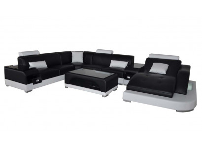 Leren bank met USB Moderne zitbank Gestoffeerd ontwerp Hoekbank + Tafel + Licht