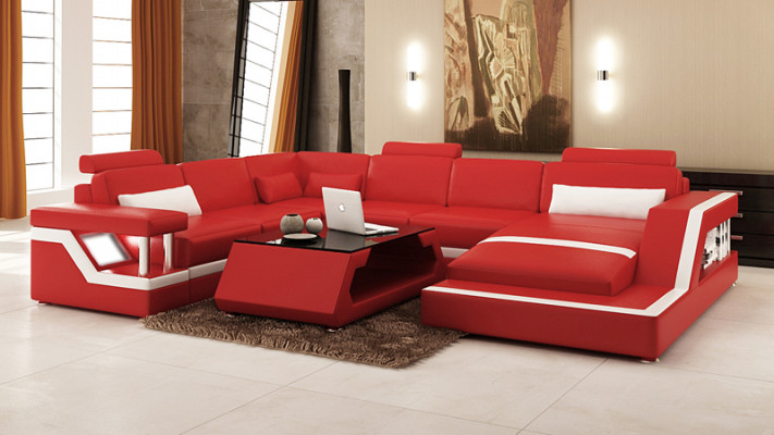 Ontwerp Leren Woonlandschap Hoekbank Moderne Set Bank Hoek Rood USB + LED