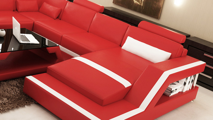 Ontwerp Leren Woonlandschap Hoekbank Moderne Set Bank Hoek Rood USB + LED