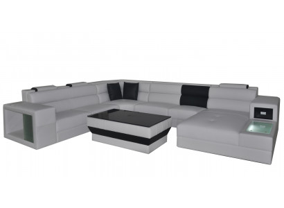 Hoekbank met verlichting en USB-aansluiting Moderne leren woonlandschap bankbekleding