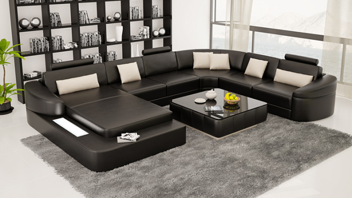 Luxe leren bank bekleding Moderne zit combi hoekbank woonlandschap LED USB