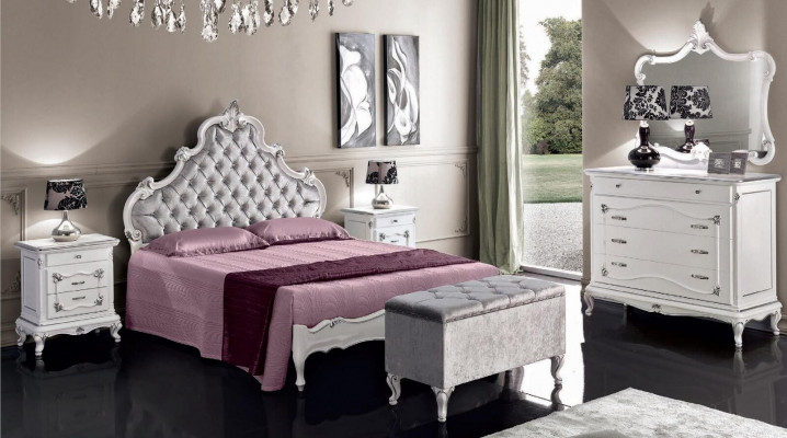 Klassieke meubels 6-delig slaapkamer set Bed 2x Nachtkastjes Krukje Ladekast Spiegel