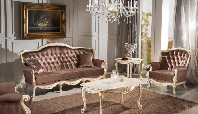 Klassieke woonkamer meubels Bank Bank Fauteuil Salontafel Bijzettafel 4-delig