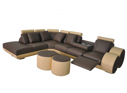 Grote hoekbank met USB-lederbekleding, hoeklandschap, gestoffeerde L-vorm met krukje.