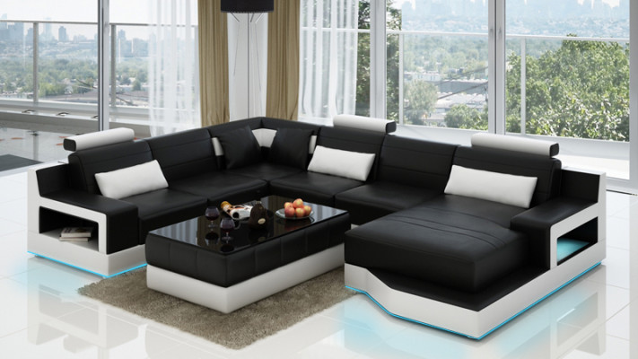 Ontwerp Leren Hoekbank Moderne Bankstel met Chaise Longue Hoek Zwart USB Nieuw