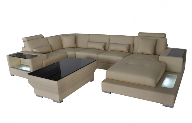 Ledersofa Bank met USB, gestoffeerde hoekbank hoekbank woonlandschap design bank Rodos