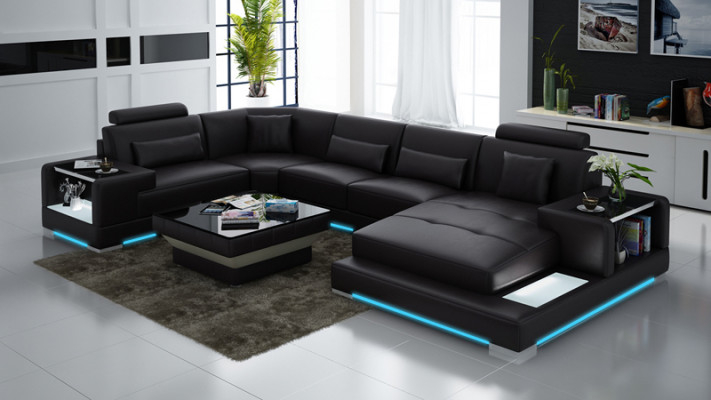 Ledersofa Bank met USB, gestoffeerde hoekbank hoekbank woonlandschap design bank Rodos