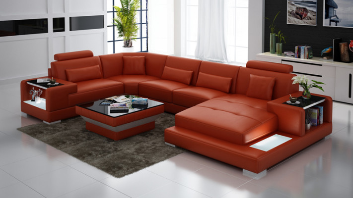 Ledersofa Bank met USB, gestoffeerde hoekbank hoekbank woonlandschap design bank Rodos
