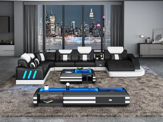 Ontwerp woonlandschap met LED-verlichte hoekbank, bank, sofa, hoekbankstel, leren bankstel met LED-verlichting.