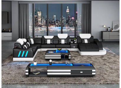 Ontwerp woonlandschap met LED-verlichte hoekbank, bank, sofa, hoekbankstel, leren bankstel met LED-verlichting.