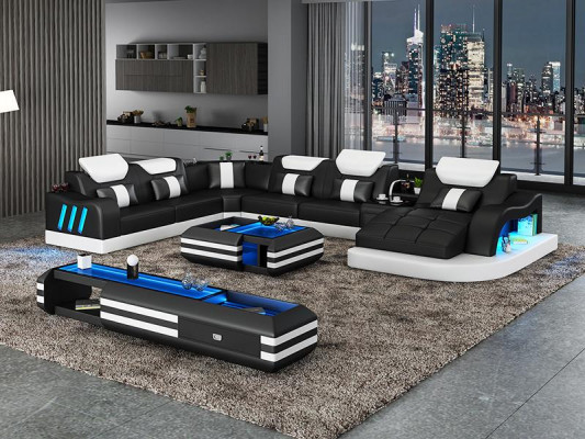 Ontwerp woonlandschap met LED-verlichte hoekbank, bank, sofa, hoekbankstel, leren bankstel met LED-verlichting.