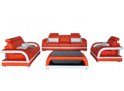 Bank Bank Leder Bekleding Zitbank Set 3+2+1 USB + Tafel Set Design Bank