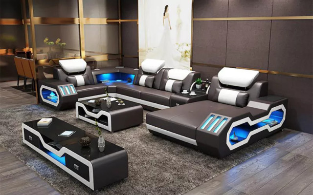 Hoekbank U-vorm Salontafel Dressoir Leren bank Woonlandschap Designer Sofaset