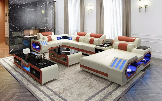 Hoekbank U-vorm Salontafel Dressoir Leren bank Woonlandschap Designer Sofaset