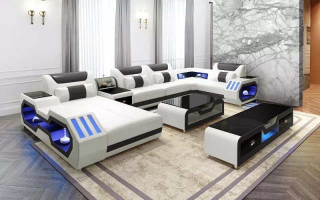 Hoekbank U-vorm Salontafel Dressoir Leren bank Woonlandschap Designer Sofaset