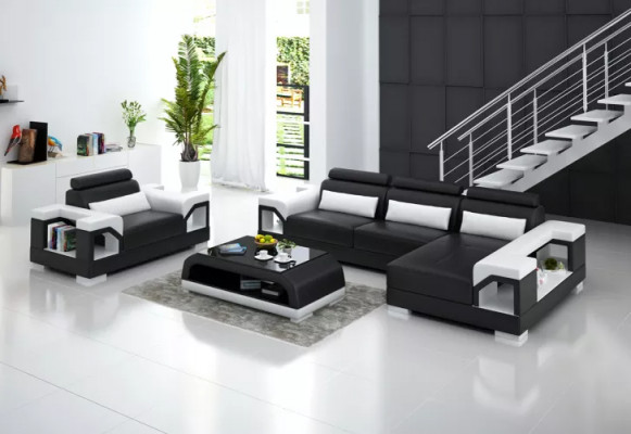 Hoekbank L-vorm Fauteuil Salontafel Moderne bank Leren bank Hoekbank Bekleding 4-delig Set