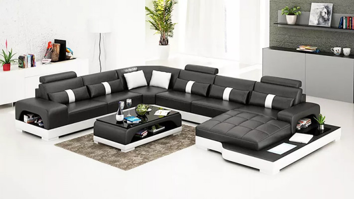 Moderne bank hoekbank U-vorm salontafel leren bank hoekbank gestoffeerd oranje luxe
