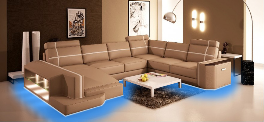 Hoekbank leren bank Moderne bank Bank U-vorm Woonlandschap + Verlichting PHM108