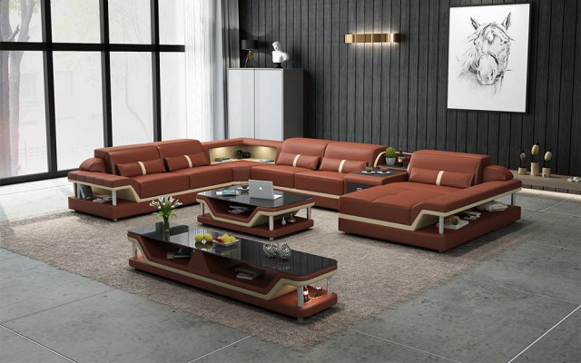 Perfecte harmonie Grote leren hoekbank in U-vorm voor een stijlvol woonkamer.