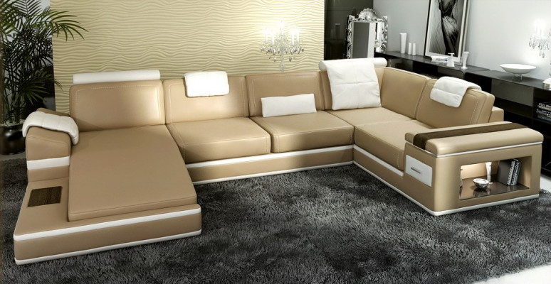 Hoekbank Bank Bankstel Lederen Set Woonlandschap Hoek Wonen Beige