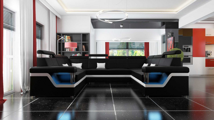 Leren bank met USB Big XXL bank hoekbank woonlandschap bank bekleding zetel LED