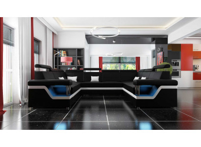 Leren bank met USB Big XXL bank hoekbank woonlandschap bank bekleding zetel LED