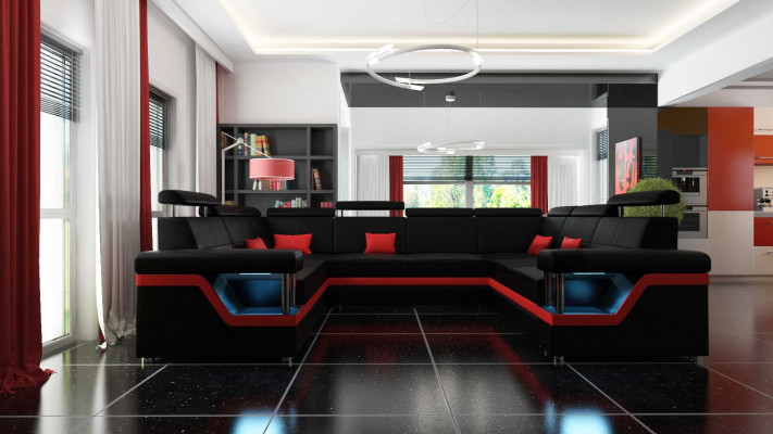 Leren bank met USB Big XXL bank hoekbank woonlandschap bank bekleding zetel LED