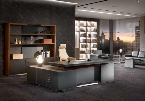 Ontwerp kantoor meubilair inrichting bureau hoek tafel baas leer hout