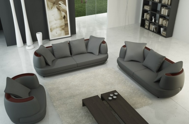 Bankstel Royal Luxe Designerbank Stoffering 3+2+1 Leren Bank Koninklijk Grijs
