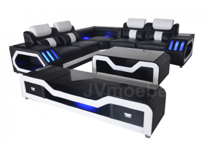 Moderne lederen sofa woonlandschap L-vormige bank geluids - USB - Bluetooth nieuw