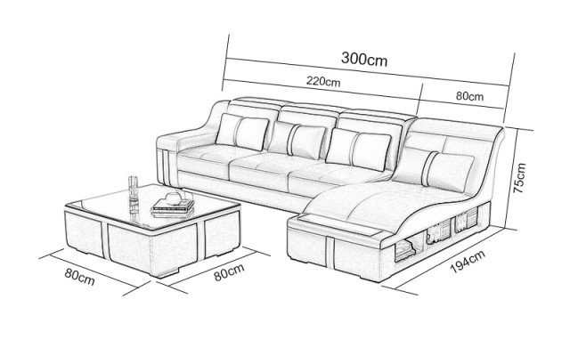 Ontwerp Hoekbank USB LED + Tafel Gevoerde Hoekbank Zit Leer Set Woonlandschap