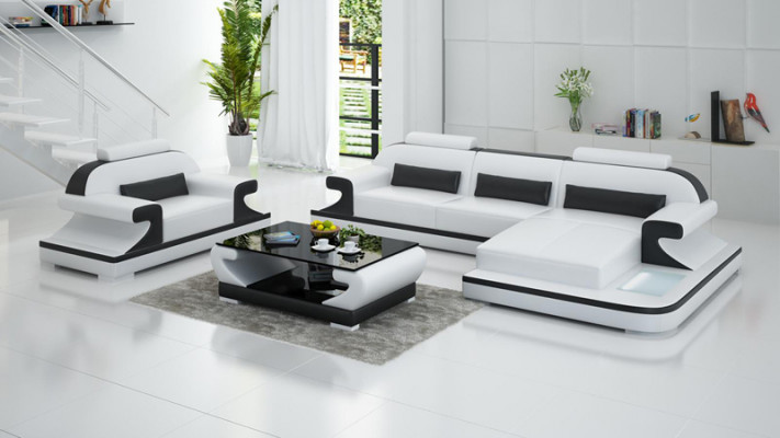 Ledersofa Bank Woonlandschap Hoekbank + Fauteuil Nieuwe set Designbank G8021E