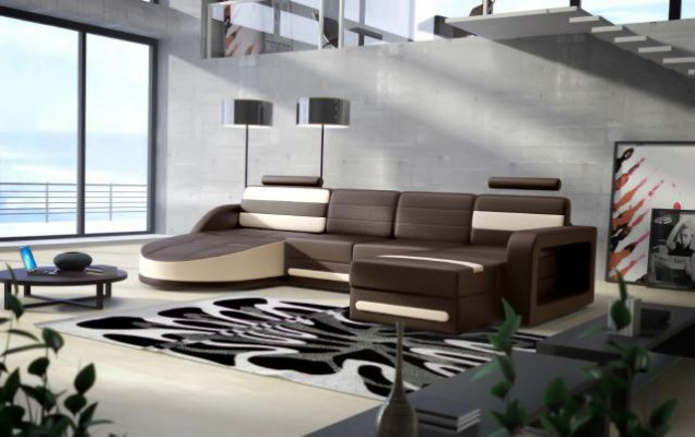 WOONLANDSCHAP SOFA SET ONTWERP HOEKBANK Bruin-Beige LEDEREN BANKSTEL XXL HOEKBANK