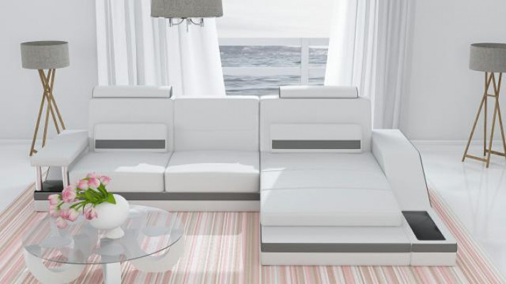 Modulaire bankstel van leer en textiel stof met USB, nieuw op maat gemaakt.