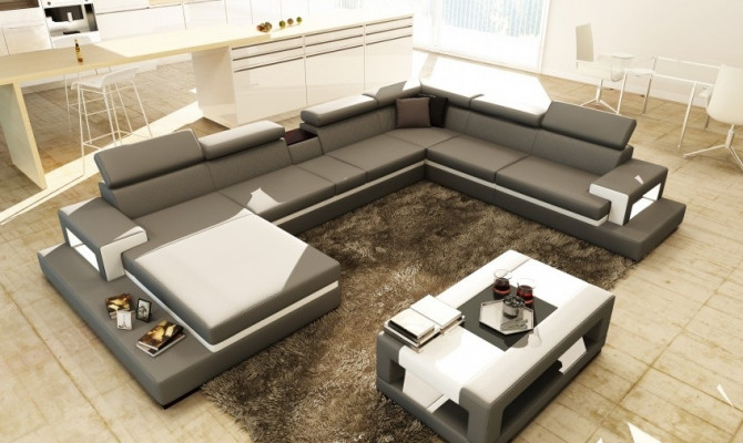 Leren bank met USB, hoekbank U-vorm bank woonlandschap designer zit hoek.