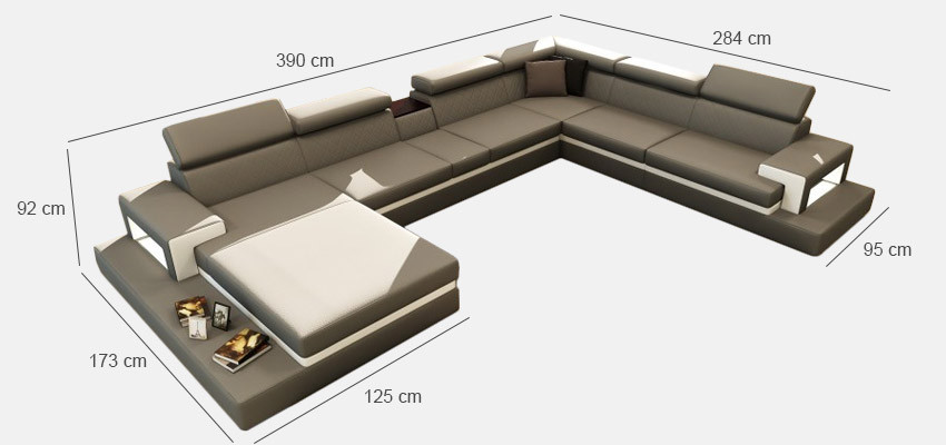 Leren bank met USB, hoekbank U-vorm bank woonlandschap designer zit hoek.