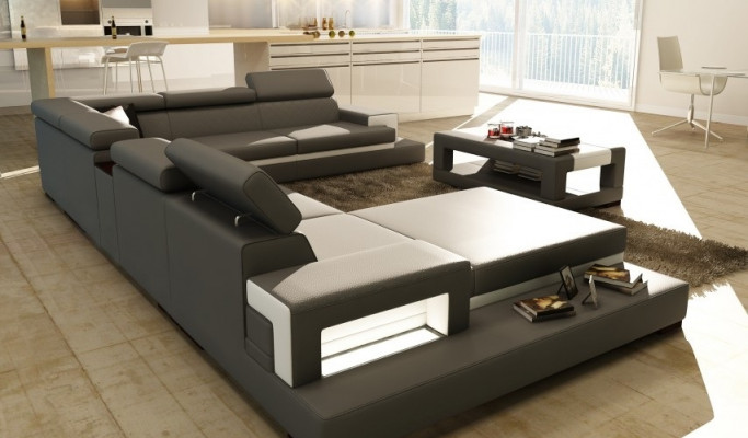 Leren bank met USB, hoekbank U-vorm bank woonlandschap designer zit hoek.