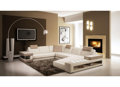 Hoekbank met LED & USB woonlandschap bank bekleding bankstel U-vorm leer