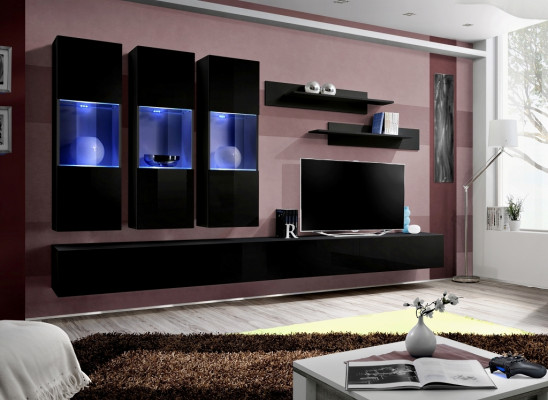 Set 7-delige woonkamer houten meubels 2x tv-standaard Moderne wandplanken Zwart