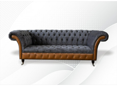 Chesterfield Bank Bank Bekleding 3 Zits Grijs Textiel Stof Grijze Banken