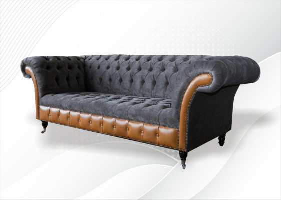 Chesterfield Bank Bank Bekleding 3 Zits Grijs Textiel Stof Grijze Banken