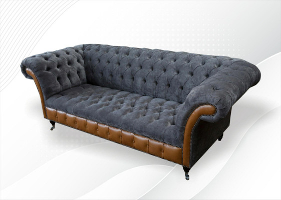 Chesterfield Bank Bank Bekleding 3 Zits Grijs Textiel Stof Grijze Banken
