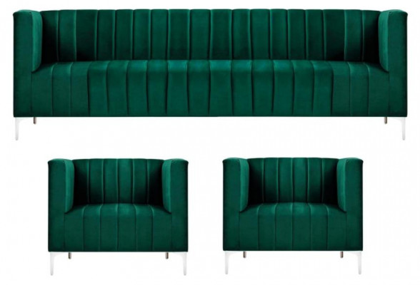 Bankstel driezits stof woonkamer fluweel design groen bankstel 2 leunstoelen groep