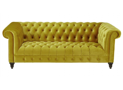 Gele driepersoons Chesterfield bankstel in modern design stofbank nieuw Originele meubels.