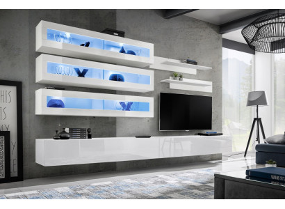 Garnituur 7-delige Woonkamerset in designer stijl met woonwand, tv-standaard en 2 muurrekken.