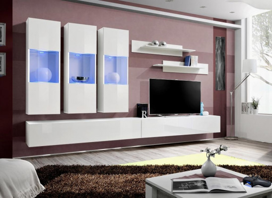 Woonkamer RTV hangende vitrine woonwand houten design wit modern nieuw set 7-delig.