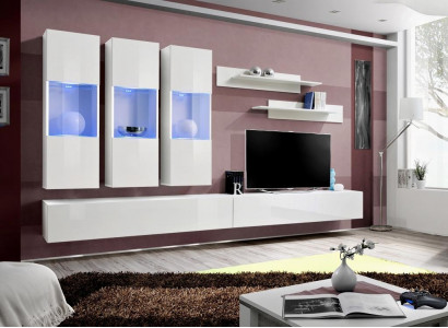 Woonkamer RTV hangende vitrine woonwand houten design wit modern nieuw set 7-delig.